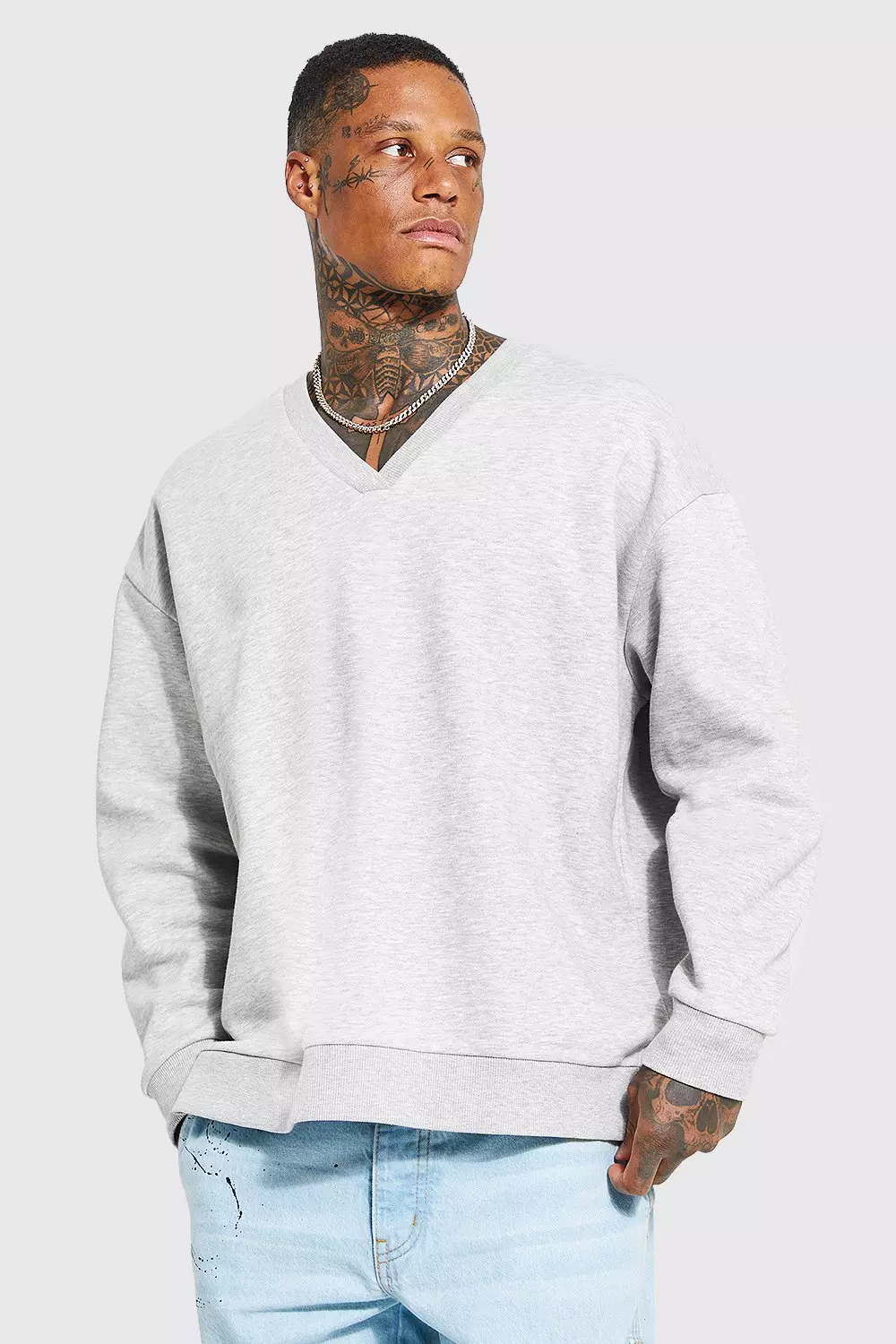 Oversized Drop Shoulder V Neck Sweater boohooMAN UK